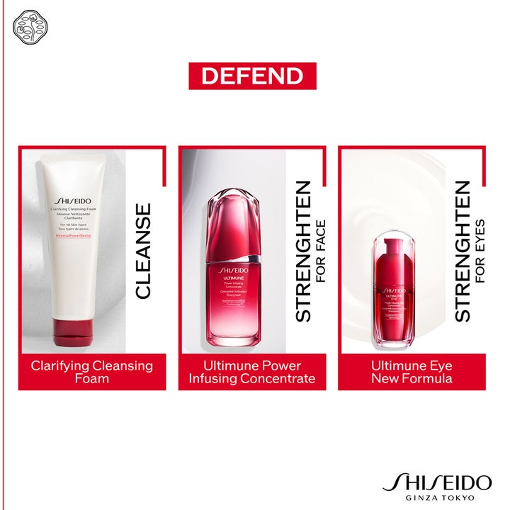 Shiseido Ultimune Eye Concentrate 15 ml styrkende øjencreme i rød pumpeflaske som del af en hudplejerutine