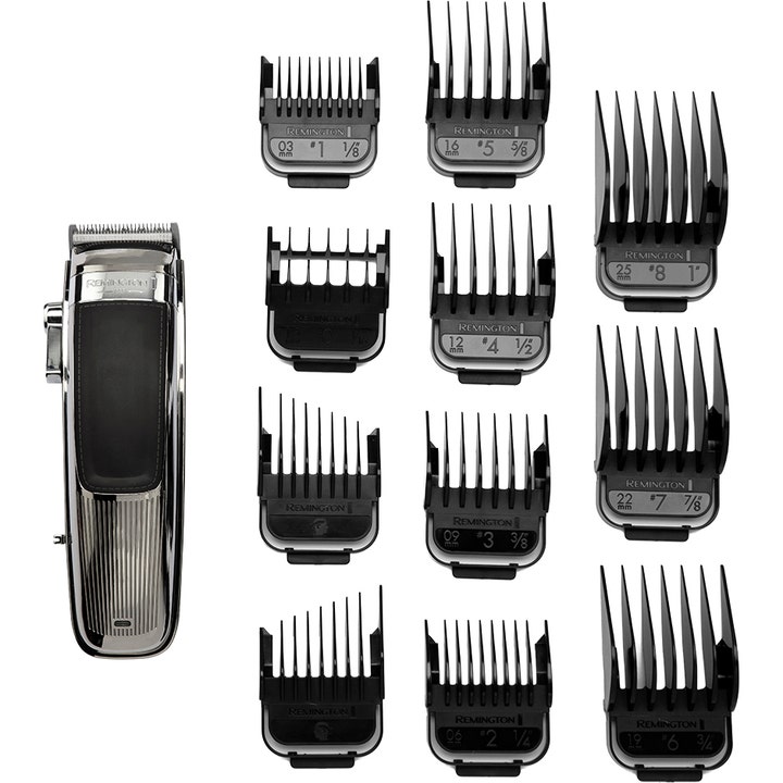Remington HC9100 Heritage Hair Clipper 1 stk. hårtrimmer i sølvfarvet retrodesign med elleve sorte afstandskamme
