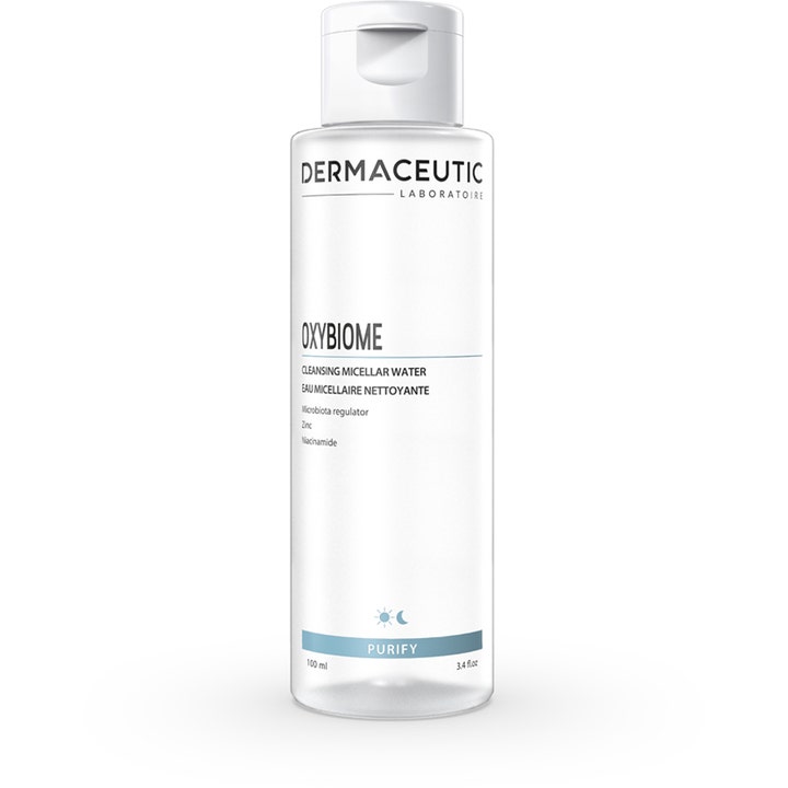 Dermaceutic Oxybiome 100 ml rensende micellar water med niacinamid i klar flaske med hvidt vippelåg