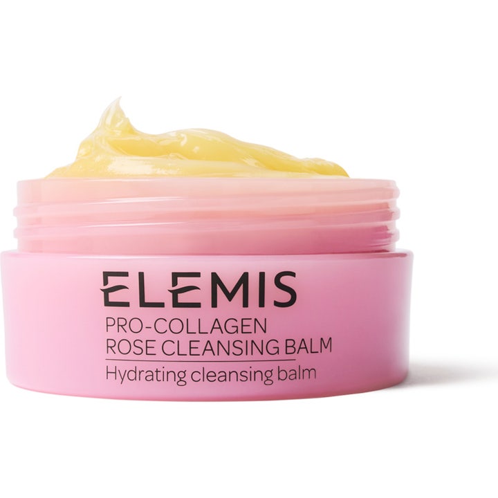 Elemis Pro-Collagen Rose Cleansing Balm fugtgivende rensebalm i lyserød krukke med en rig og cremet gul tekstur