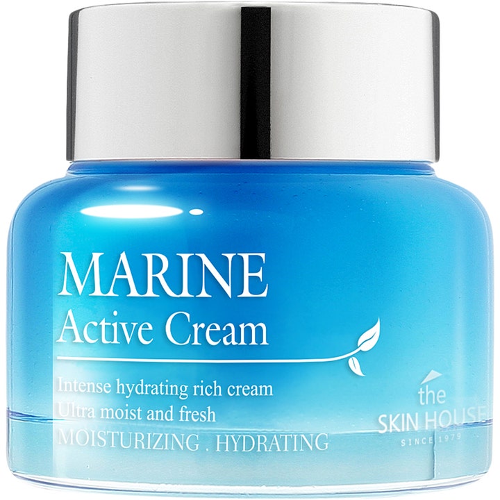 The Skin House Marine Active Cream 50 ml fugtgivende ansigtscreme i blå glaskrukke med sølvlåg.