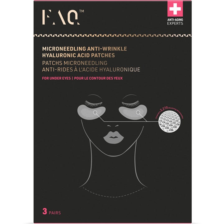 FAQ Swiss Microneedling Anti-Wrinkle Hyaluronic Acid Patches 3 par øjenmasker mod rynker i sort æske med ansigtsgrafik