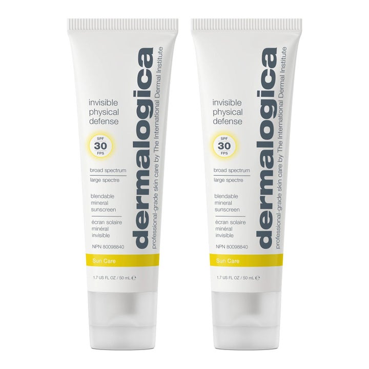 Dermalogica Invisible Physical Defense 50 ml mineral solcreme med SPF 30 i to hvide tuber med gul detalje