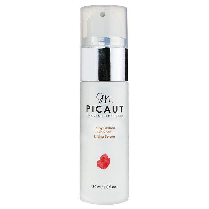 M Picaut Ruby Passion Probiotic Lifting Serum 30 ml opstrammende ansigtsserum i hvid flaske med sølvdetaljer