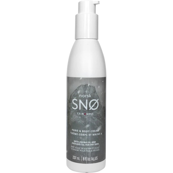 Geironess Norsk SNØ Hand & Body Cream 237 ml fugtgivende creme til tør hud i hvid pumpeflaske med bjergetiket
