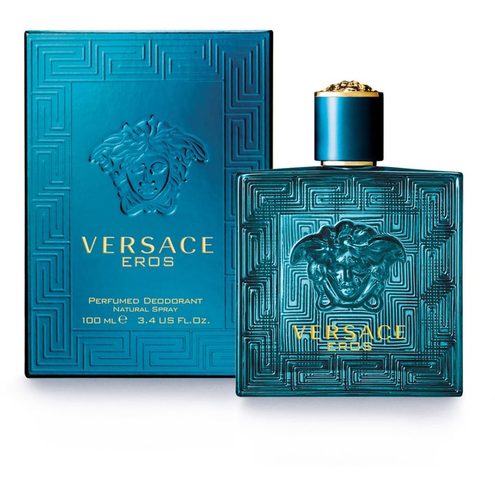 Versace Eros Pour Homme 100 ml deospray giver friskhed i turkisblå flakon og æske med ikonisk Medusa-logo