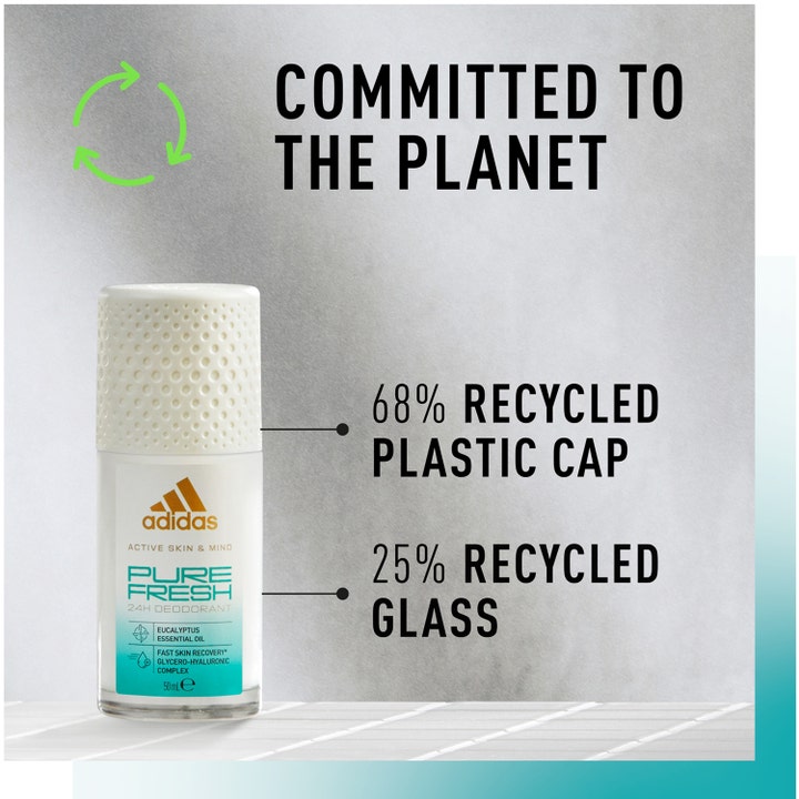 Adidas Skin & Mind Pure Fresh 50 ml deodorant i glasflaske med tekst om genanvendt plast og glas