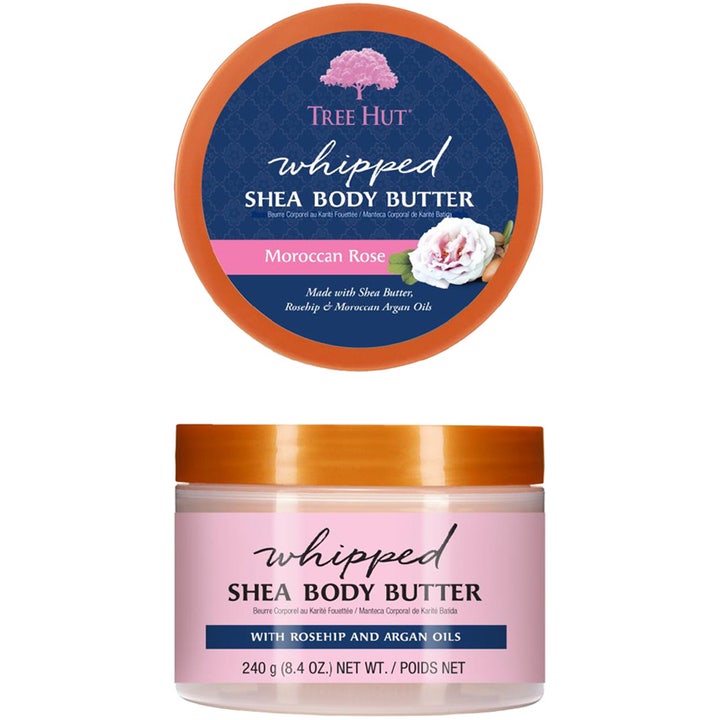 Tree Hut Whipped Shea Body Butter Moroccan Rose 240 g fugtgivende bodycreme i lyserød plastkrukke med bronzefarvet låg