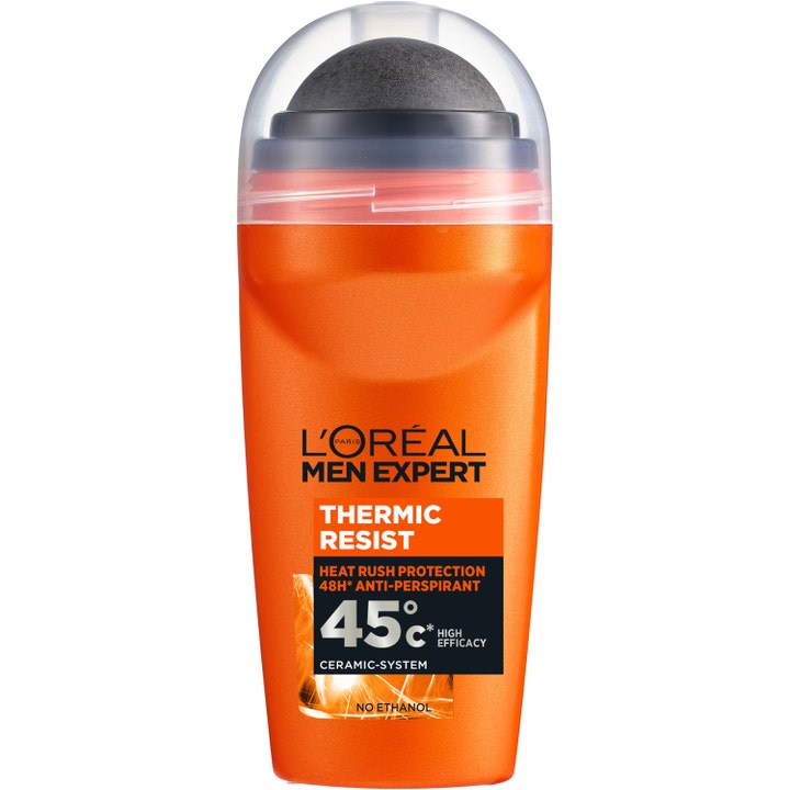L'Oréal Men Expert Thermic Resist 50 ml anti-perspirant mod sved i orange flaske med stor grå kugle og klart låg.