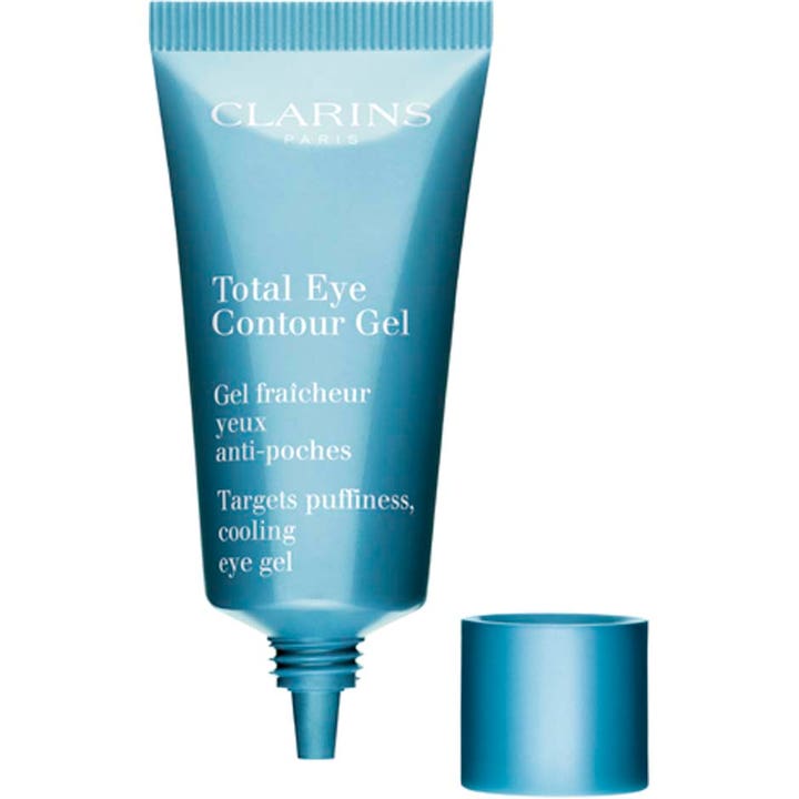 Clarins Total Eye Contour Gel 20 ml kølende øjencreme mod hævelser i blå tube med farveovergang og aftaget låg