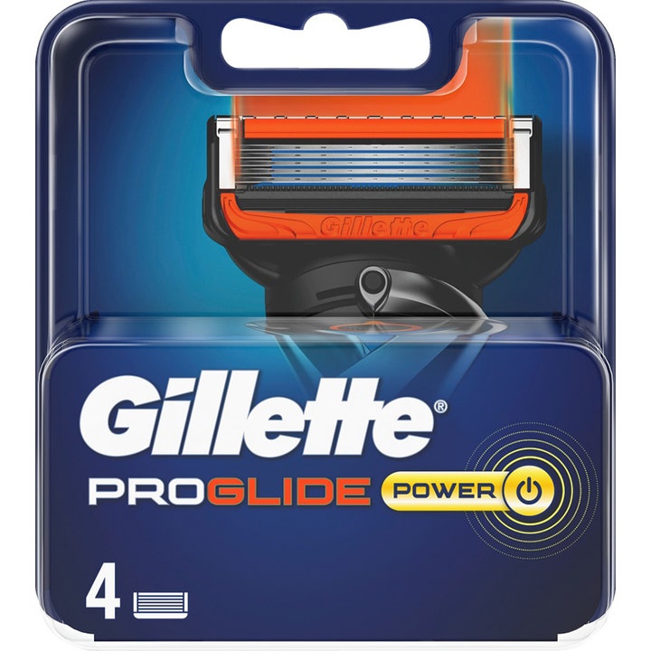 Gillette ProGlide Power 4 stk barberblade giver en tæt barbering i blå og orange blisterpakning med fem blade