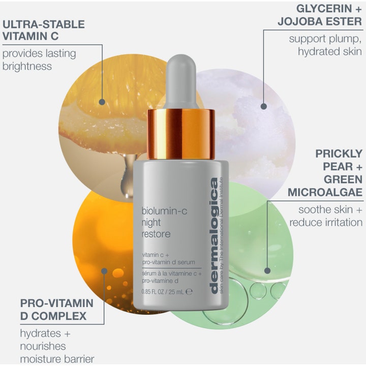 Dermalogica Biolumin-C Night Restore 25 ml serum med C-vitamin og Pro-vitamin D vist med farverige ingredienser.
