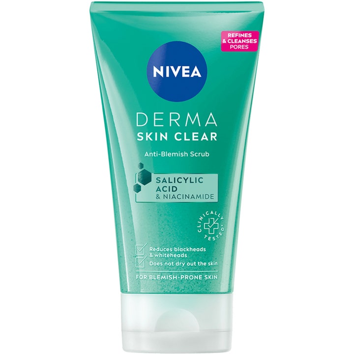 NIVEA Derma Skin Clear Anti-Blemish Scrub 150 ml ansigtsskrub i turkis tube med salicylsyre der renser porer.