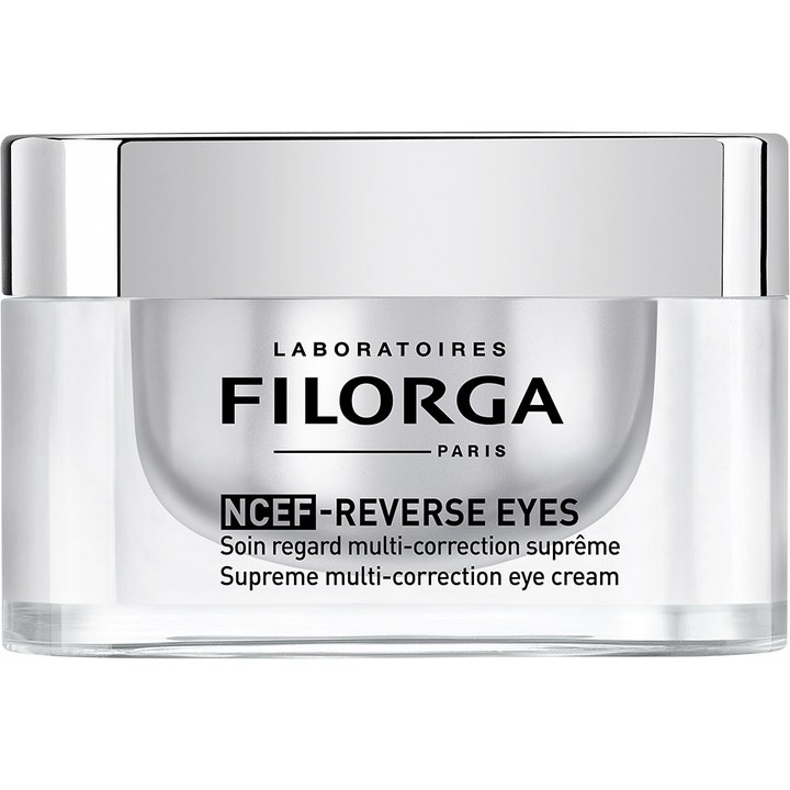 Filorga NCEF-Reverse Eyes 15 ml multikorrigerende øjencreme i gennemsigtig krukke med metallisk sølvlåg