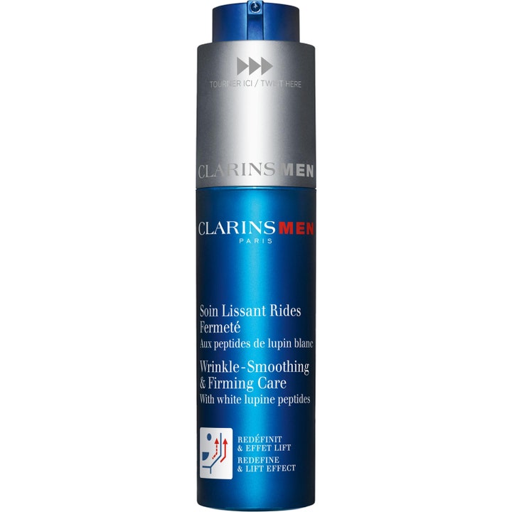 Clarins Men Wrinkle-Smoothing & Firming Care 50 ml opstrammende ansigtscreme i blå metalbeholder med sølvlåg