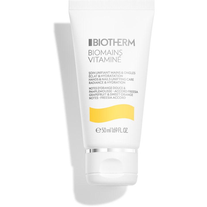 Biotherm Biomains Vitaminé 50 ml fugtgivende håndcreme der giver glød i hvid tube med gul grafik.