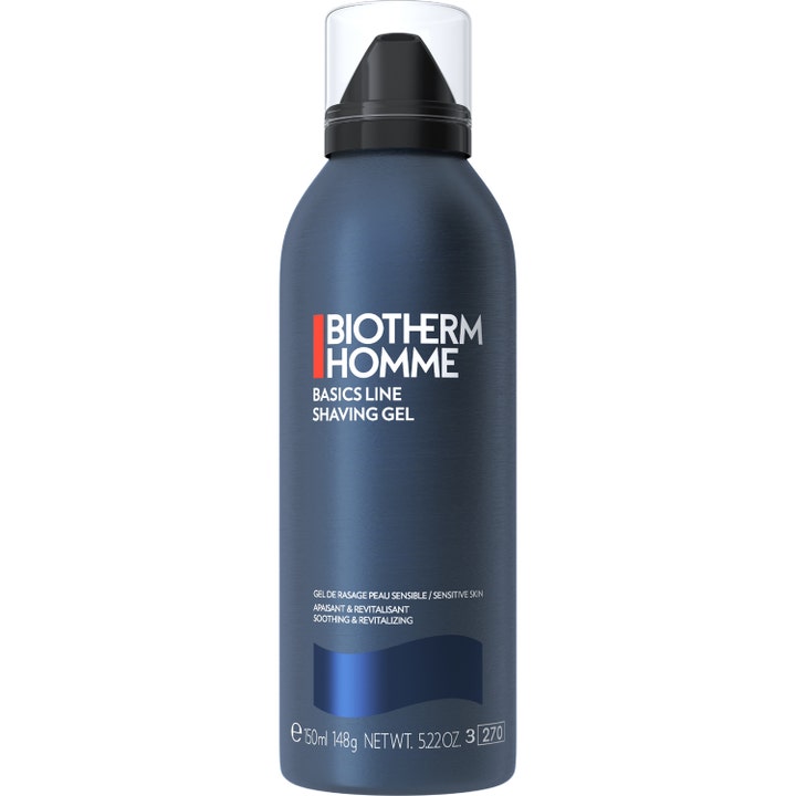Biotherm Homme Basics Line Shaving Gel 150 ml beroligende barbergel til sensitiv hud i blå metalflaske med sort pumpe.