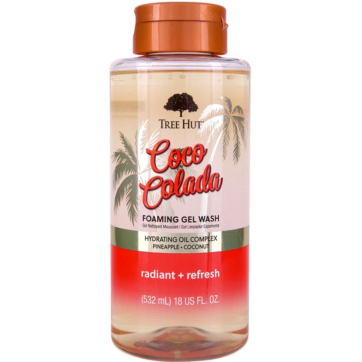 Tree Hut Coco Colada Foaming Gel Wash 532 ml fugtgivende kropsvask i klar plastflaske med orange låg og palmer