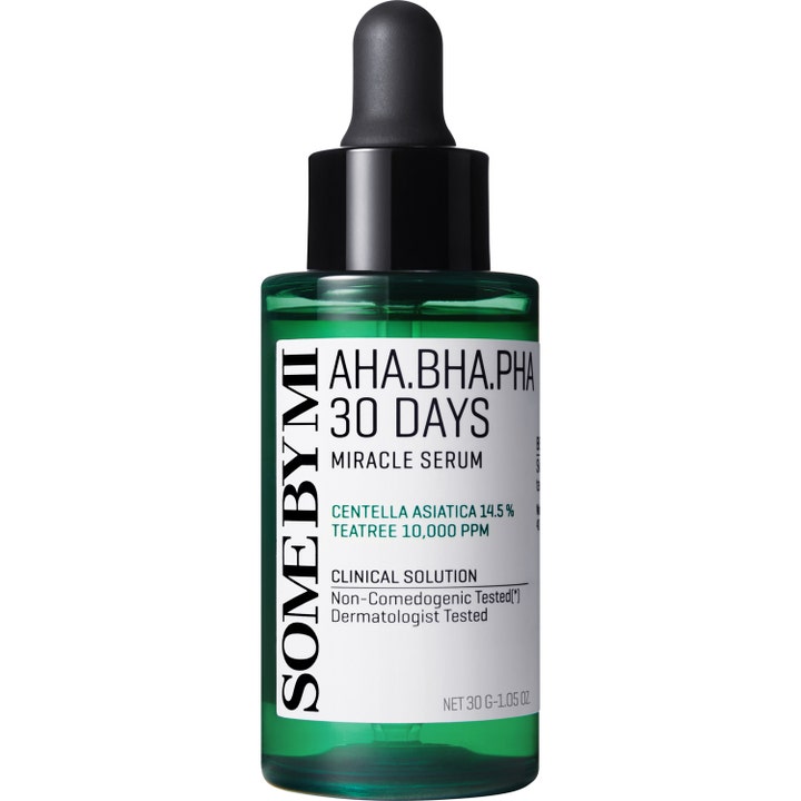 Some By Mi AHA BHA PHA 30 Days Miracle Serum 50 ml eksfolierende ansigtsserum i grøn glasflaske med sort pipette