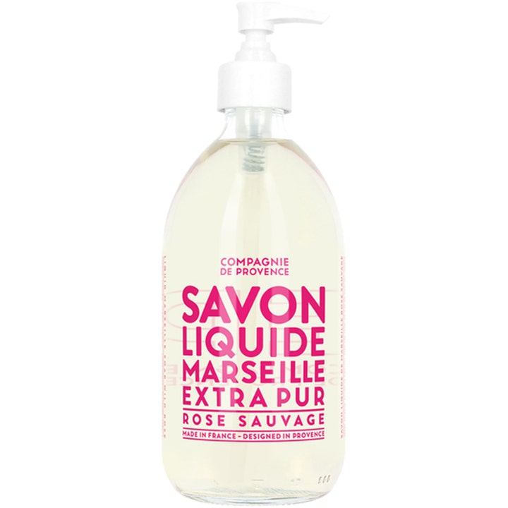 Compagnie de Provence Savon Liquide Rose Sauvage 500ml flydende håndsæbe i klar flaske med hvid pumpe og pink tekst