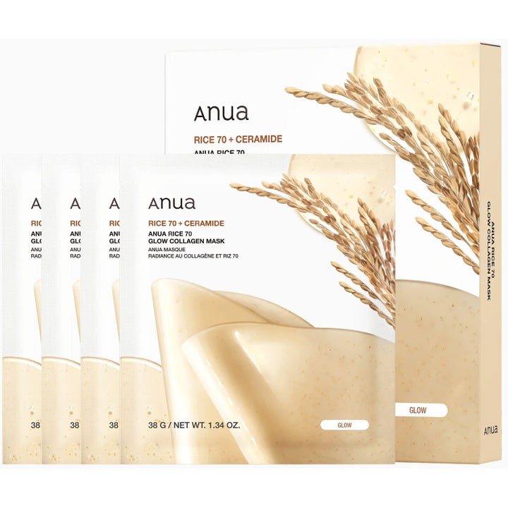 Anua Rice 70 + Ceramide Glow Collagen Mask 38g ansigtsmaske i hvid emballage med ris-illustrationer