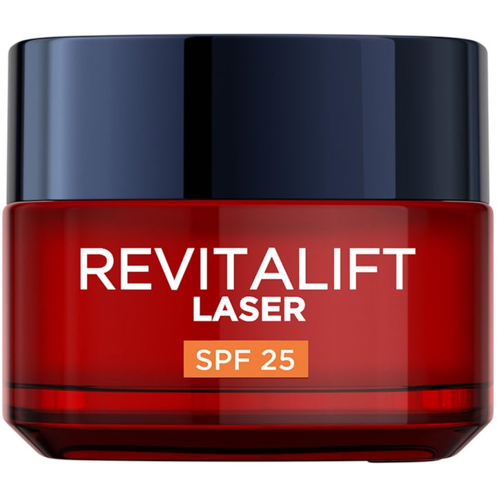 L'Oréal Paris Revitalift Laser SPF 25 50 ml anti-age dagcreme som opstrammer huden i rød glasruk med sort låg