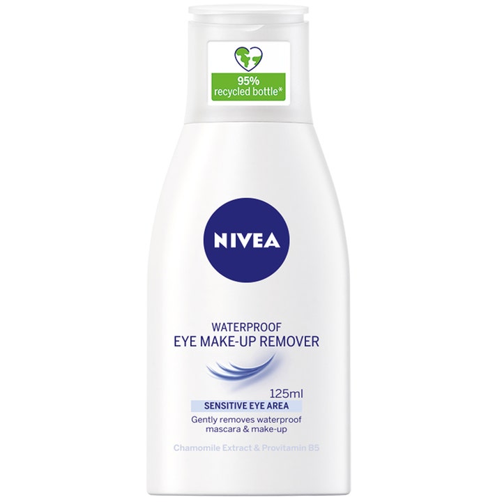 Nivea Waterproof Eye Make-up Remover 125 ml fjerner skånsomt vandfast makeup i hvid plastflaske med blåt logo.