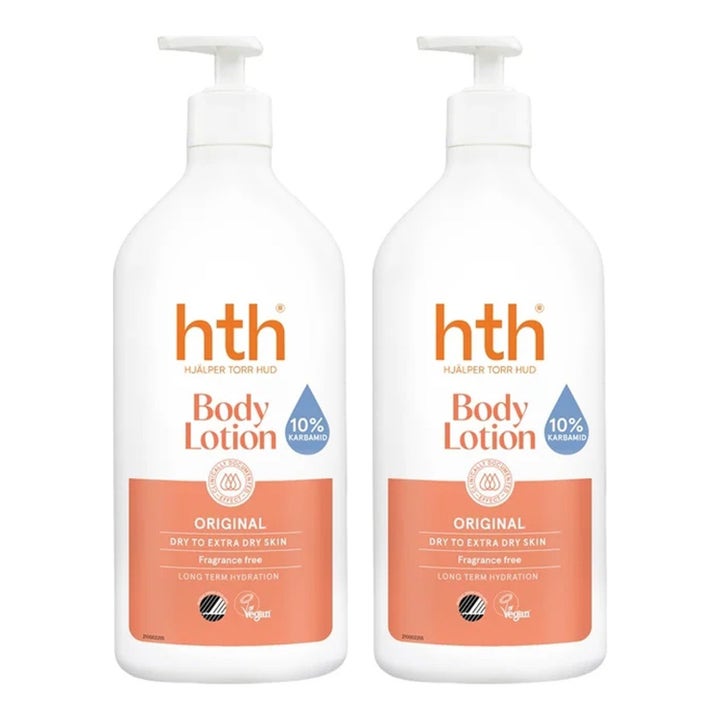 hth Body Lotion Original 2-pak fugtgivende kropspleje mod tør hud i hvide pumpeflasker med orange detaljer