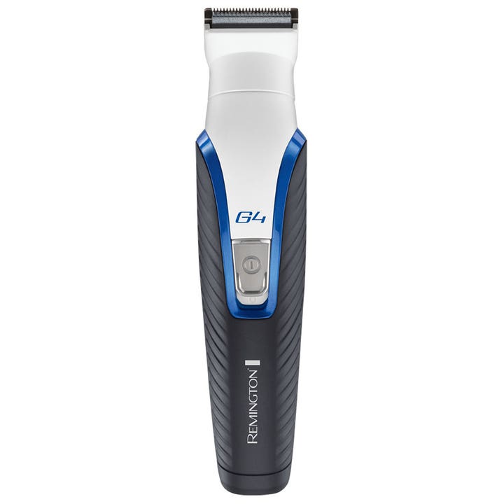 Remington G4 Graphite Series Multi Grooming Kit til alsidig styling hvid trimmer med gråt gummigreb og blå detaljer