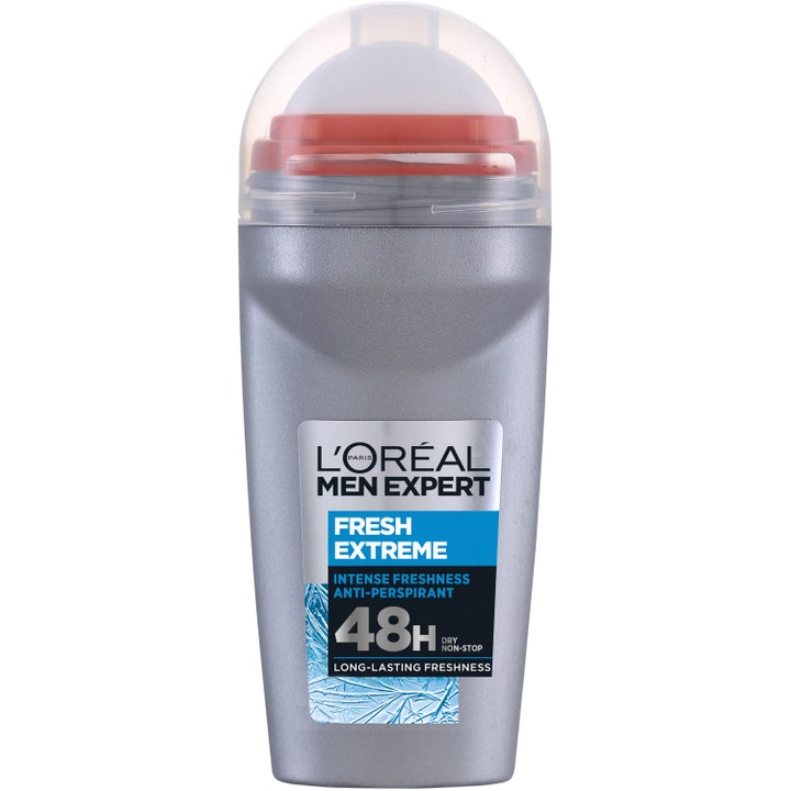 L'Oréal Men Expert Fresh Extreme anti-perspirant roll-on giver 48 timers friskhed i grå flaske med gennemsigtigt låg