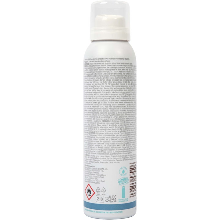 Bulldog Spray Deodorant Fresh Mint &amp; Cedarwood 125 ml herredeodorant i hvid dåse med ingrediensliste og vegansk logo.