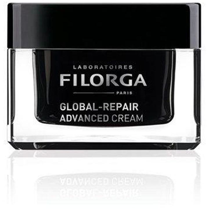 Filorga Global-Repair Advanced Cream reparerende anti-aging ansigtscreme i en elegant sort glaskrukke.