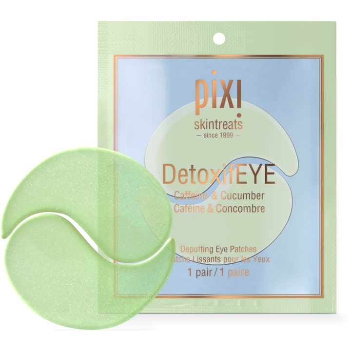 Pixi DetoxifEYE 1 par opfriskende øjenmaske mod hævelser med glitrende lysegrønne hydrogel-patches.