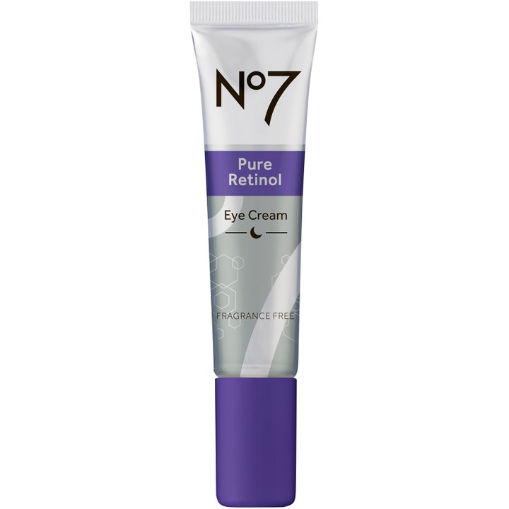No7 Pure Retinol Eye Cream 15 ml parfumefri øjencreme i hvid og sølvfarvet tube med lilla låg der mindsker rynker.