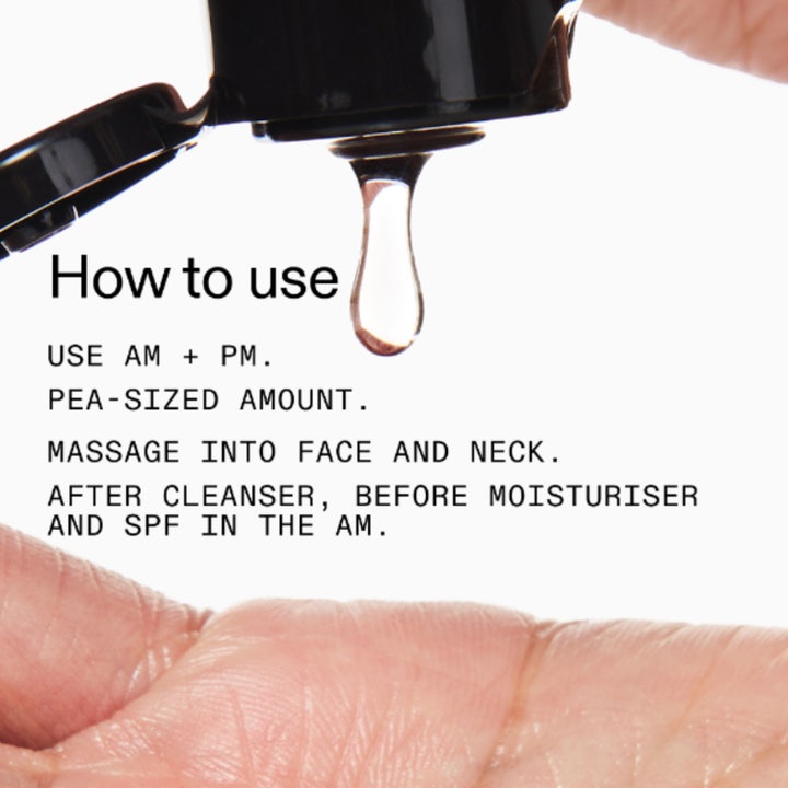 The INKEY List Collagen Peptide Serum 30 ml hudpleje viser en klar dråbe serum og tekst med How to use instruktioner