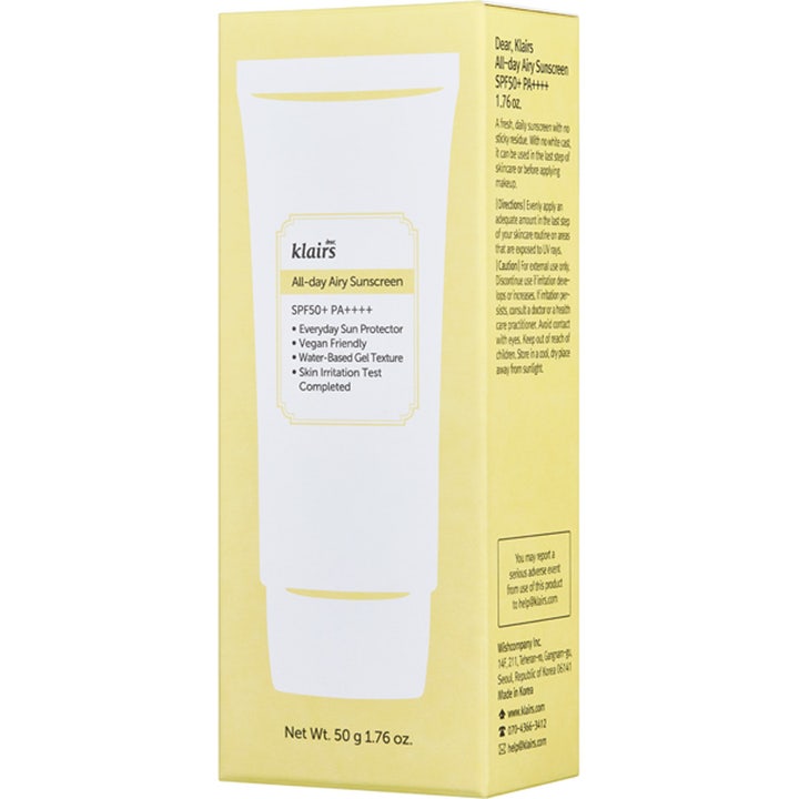 Klairs All-day Airy Sunscreen 50 ml vegansk solcreme i lysegul æske med SPF50 og vandbaseret geltekstur