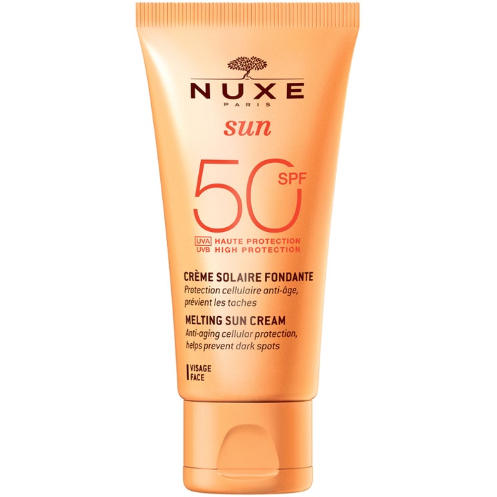 Nuxe Sun Melting Sun Cream SPF 50 50ml giver anti-aging beskyttelse i en orange tube der forebygger mørke pletter.