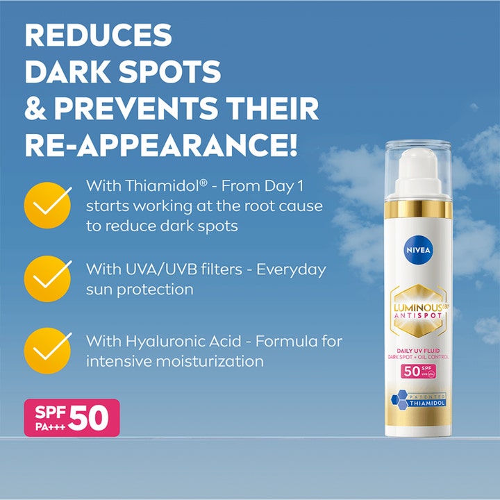 NIVEA Luminous630 Day Fluid 40 ml solcreme mod mørke pletter i hvid pumpeflaske med SPF 50 og hyaluronsyre