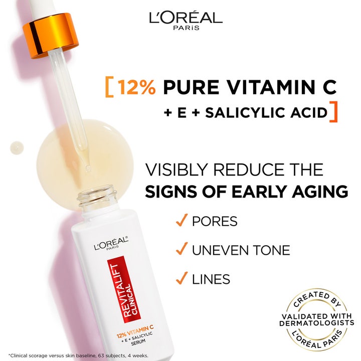 L'Oréal Paris Revitalift Clinical 12% Vitamin C Serum 30 ml mod rynker i hvid glasflaske med pipette