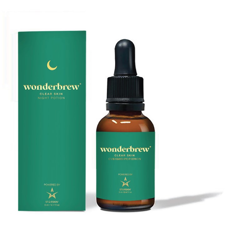 Wonderbrew Clear Skin Night Potion 5 ml ansigtsserum der giver klarere hud i brun glasflaske med sort pipette og grøn æske.