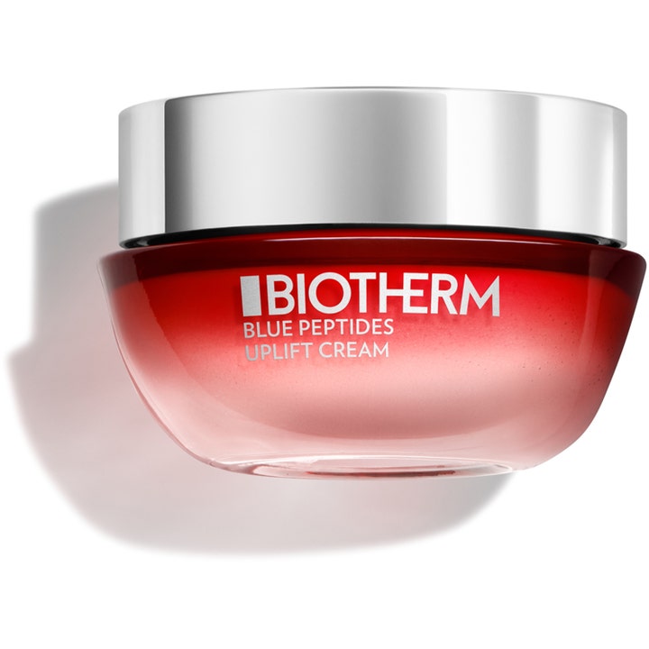 Biotherm Blue Peptides Uplift Cream opstrammende ansigtscreme i en elegant rød glasrukke med blankt sølvlåg