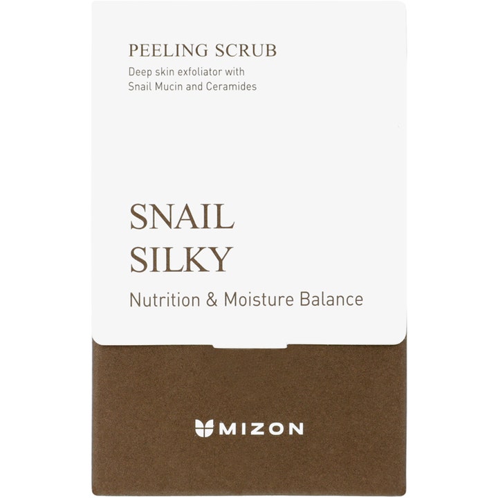 Mizon Snail Silky Peeling Scrub 5 g ansigtsskrubb med snegle-mucin og ceramider i hvid og brun sachet