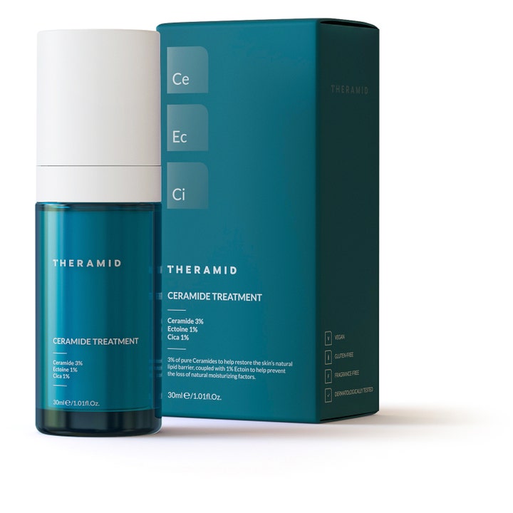 Niche Beauty Lab Theramid Ceramide Treatment 30 ml serum med 3% ceramider i blågrøn flaske med hvidt låg og æske