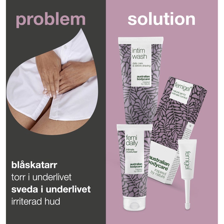 Australian Bodycare Intimate Treatment Kit 325 ml intimpleje mod svie i underlivet vist som løsning med lilla tuber