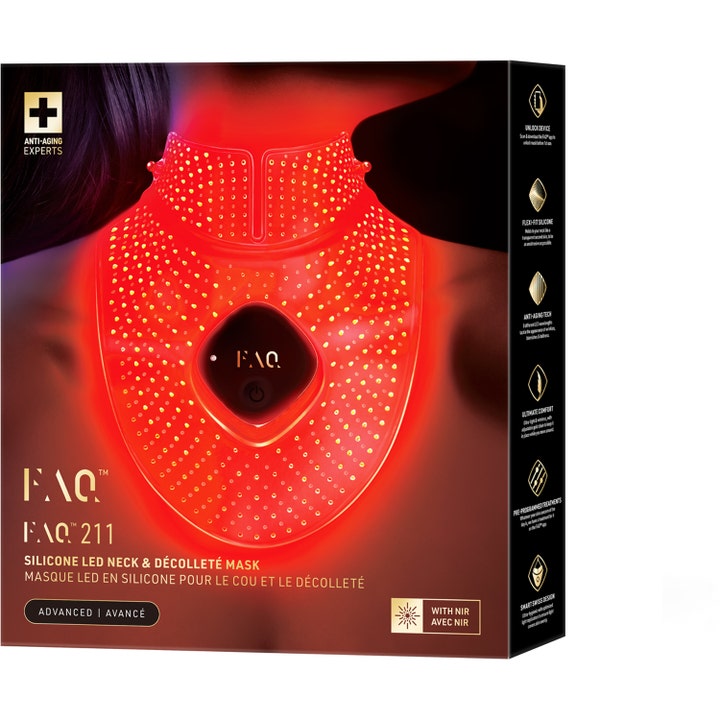 FAQ Swiss FAQ 211 LED Neck &amp; Décolleté Mask 1 stk anti-aging i sort æske der viser rødlysende silikonemaske.
