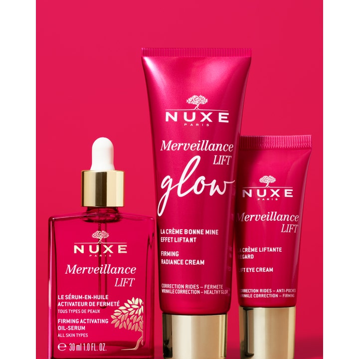 Nuxe Merveillance Lift Glow 50 ml opstrammende dagcreme i pink tube sammen med serum og øjencreme