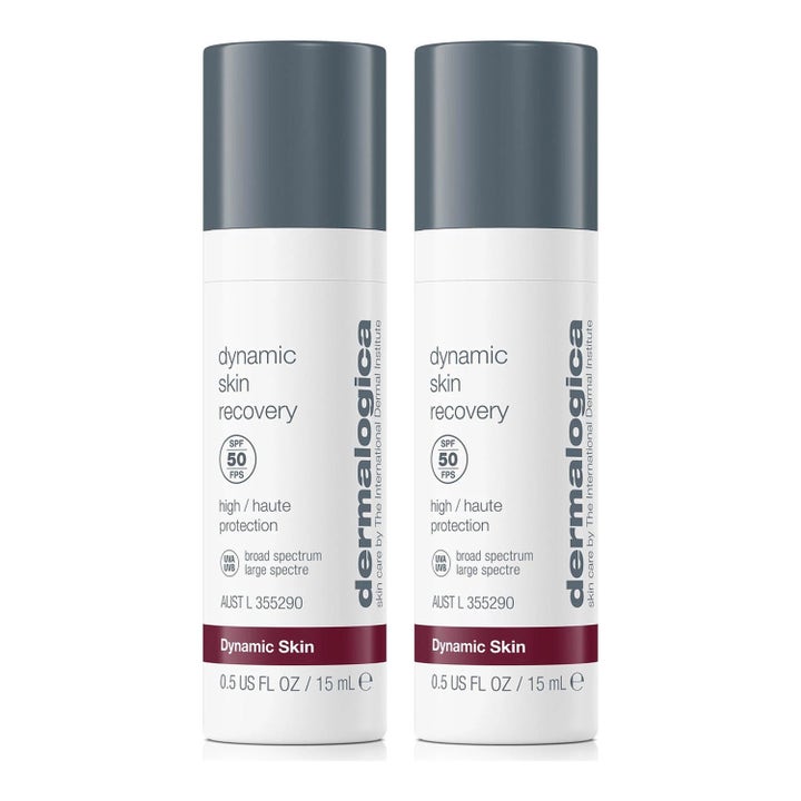 Dermalogica Dynamic Skin Recovery 15 ml SPF 50 ansigtscreme mod ældning i to hvide flasker med gråt låg