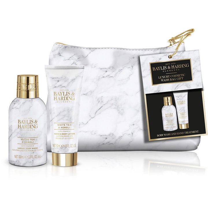Baylis & Harding Elements White Tea & Neroli gavesæt med bodywash og lotion i hvid marmoreret taske