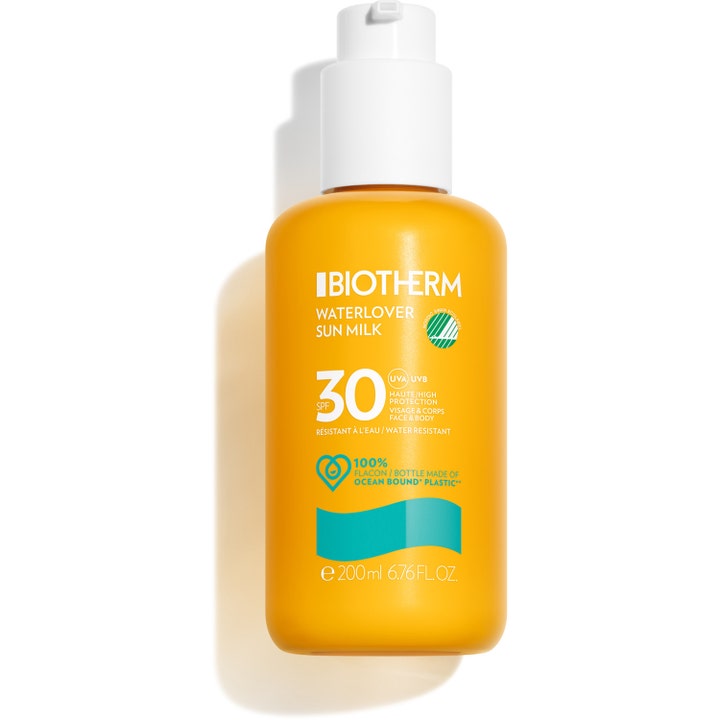 Biotherm Waterlover Sun Milk 200ml solcreme med SPF 30 der beskytter huden i en gul plastflaske med hvid pumpe