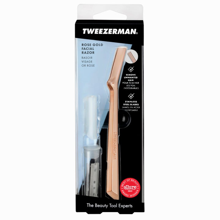 Tweezerman Rose Gold Facial Razor ansigtsskraber fjerner uønsket hår med skarpe blade i rustfrit stål.